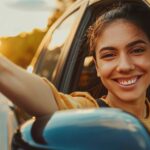 A woman is driving a car and giving a thumbs up. Concept of happiness and positivity